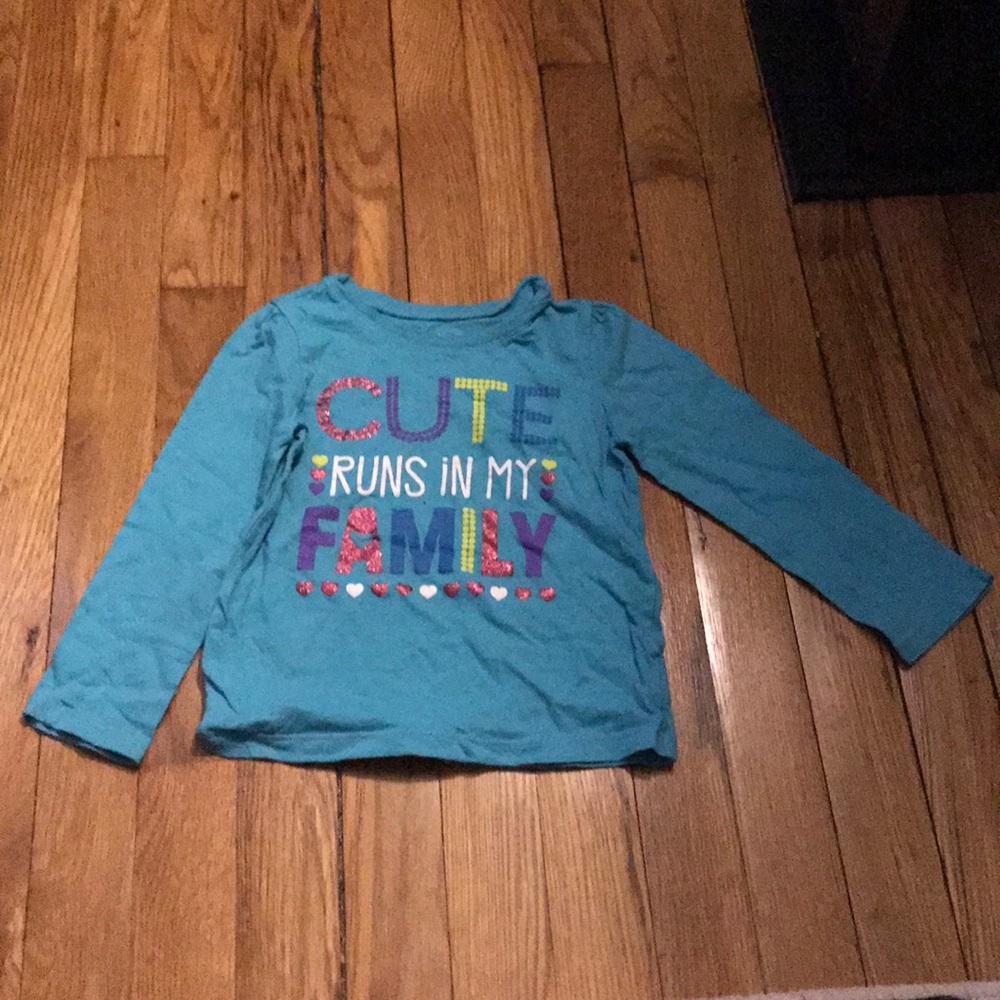 The children's place is blue long sleeve shirt